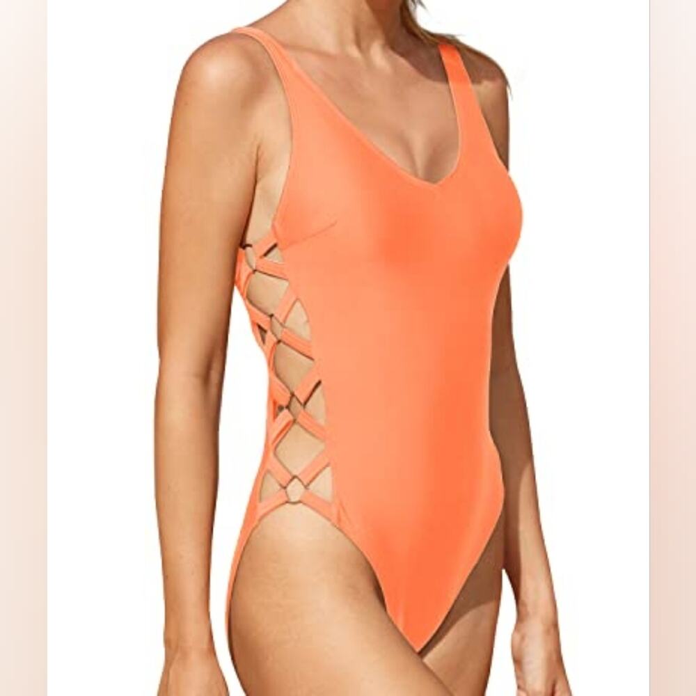 New Sexy One Piece Swimsuit Tangerine Orange Cutouts Lace Up 934‎ Size M